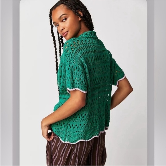 Free People Santa Cruz Crochet knit Cardigan Kelly Green Size M/L - Picture 3 of 9